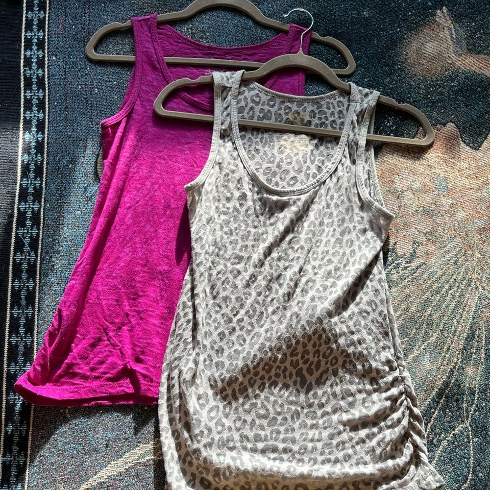 2PC Set of Two Faded Glory Pink and Silver Leopard Print Ruched Tank Tops SZ S